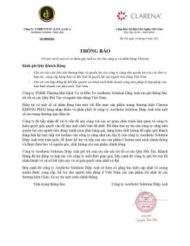 THÔNG BÁO - V/v xử lý một số cá nhân gây mất uy tín cho công ty và nhãn hàng Clarena