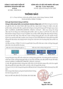 THÔNG BÁO  - V/v thay mới tem nhãn sản phẩm thuộc nhãn hàng Clarena, D-Lab Nutricosmetics, Estilad, Cholley