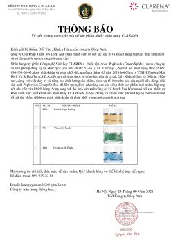 THÔNG BÁO - V/v ngừng cung cấp một số sản phẩm thuộc nhãn hàng Clarena